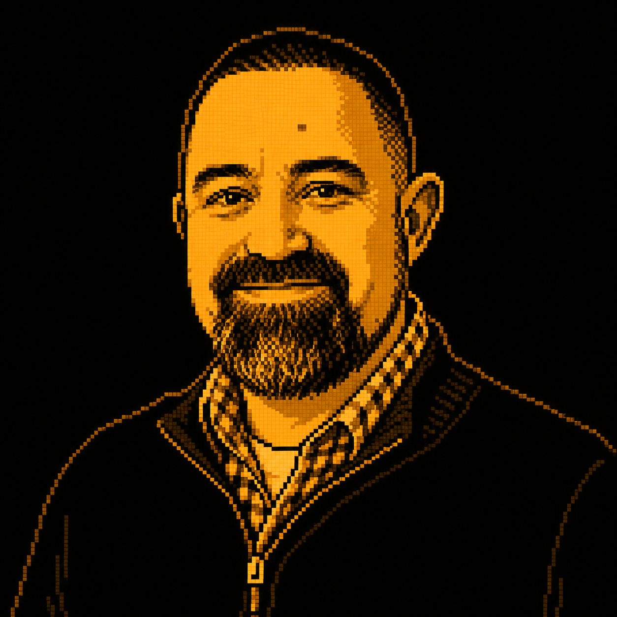 Amber 8-bit terminal portrait of Dan Haefner